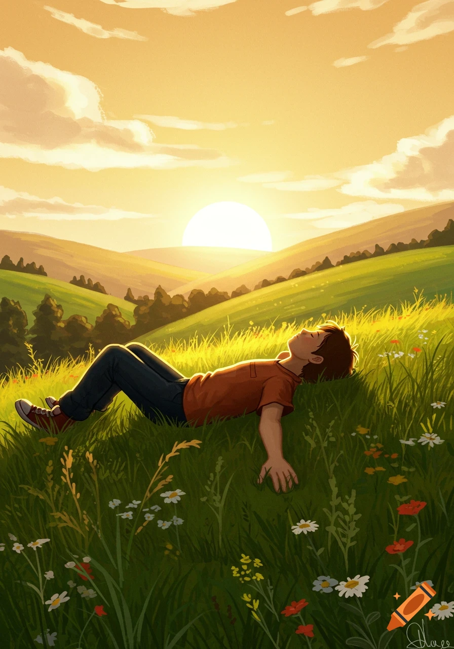 Colorful illustration of a young person lying in a sunny green field with rolling hills at sunset, looking upwards.