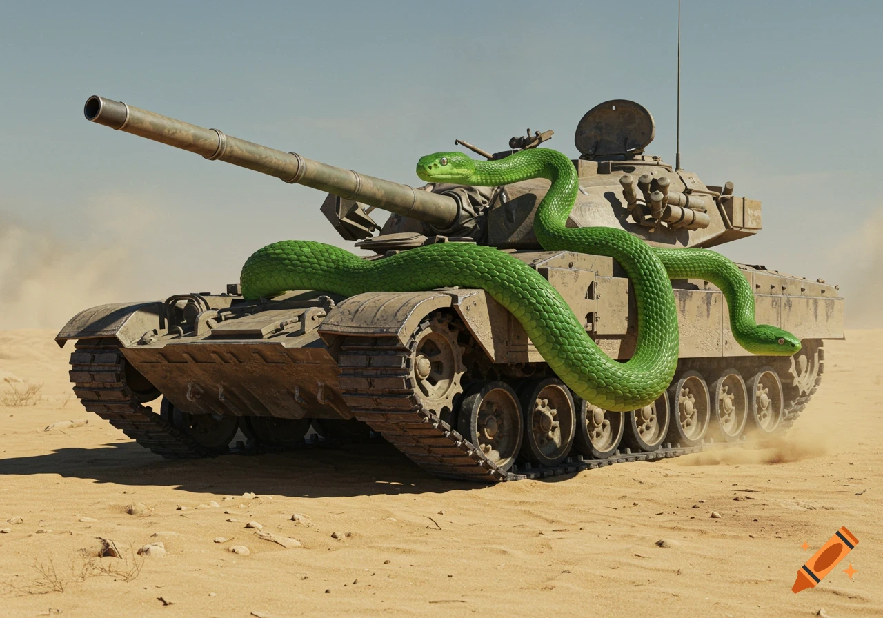A large, photorealistic green snake is coiled around a military tank in a dusty desert landscape.
