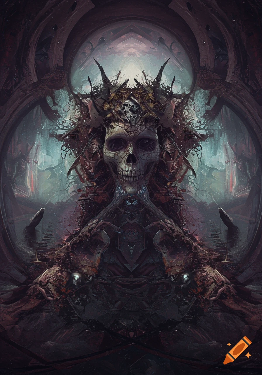 A highly detailed, dark, and grotesque skull-like figure with horns and organic structures, in a surreal, gothic setting.