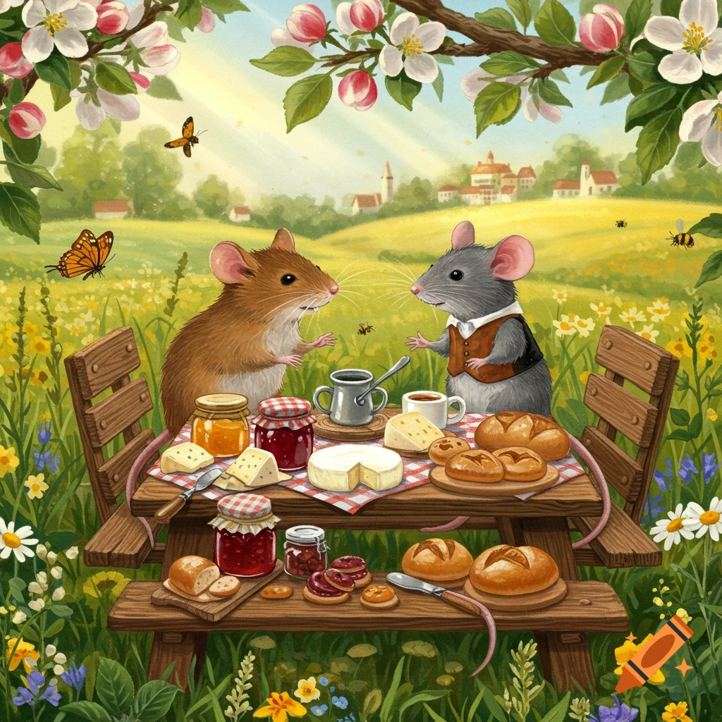 Two illustrated anthropomorphic mice picnic in a vibrant wildflower field beneath a blooming apple tree, with a village in the background.