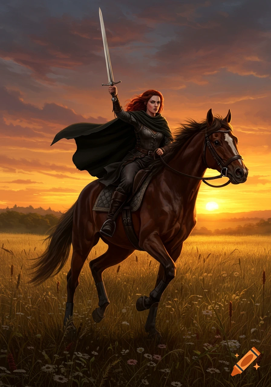 A red-haired woman warrior in dark armor rides a brown horse through a golden field at sunset, holding a sword aloft. Fantasy art.