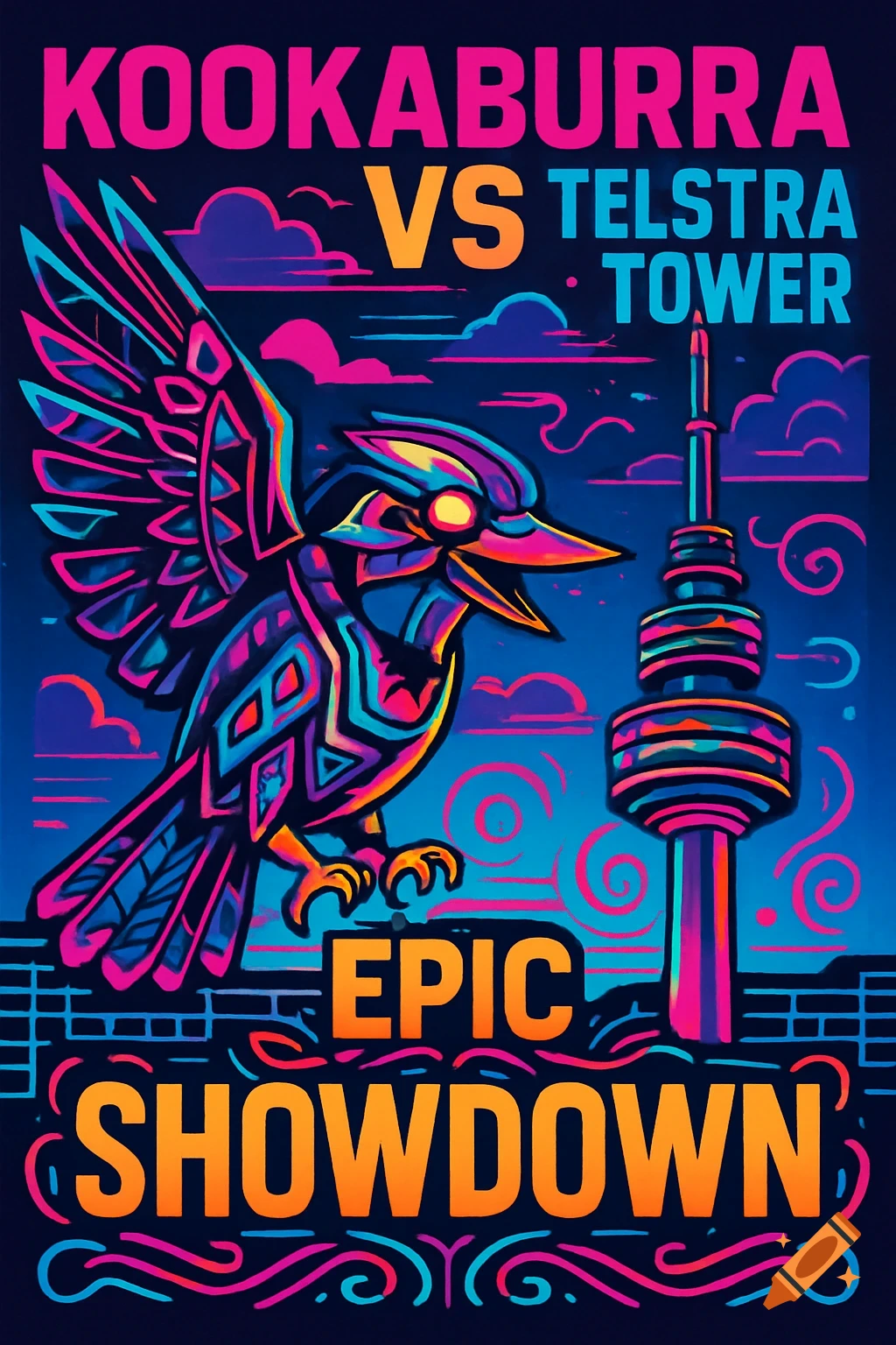 A vibrant Neo-Memphis style poster depicts a stylized kookaburra facing off against the Telstra Tower under a neon sky.