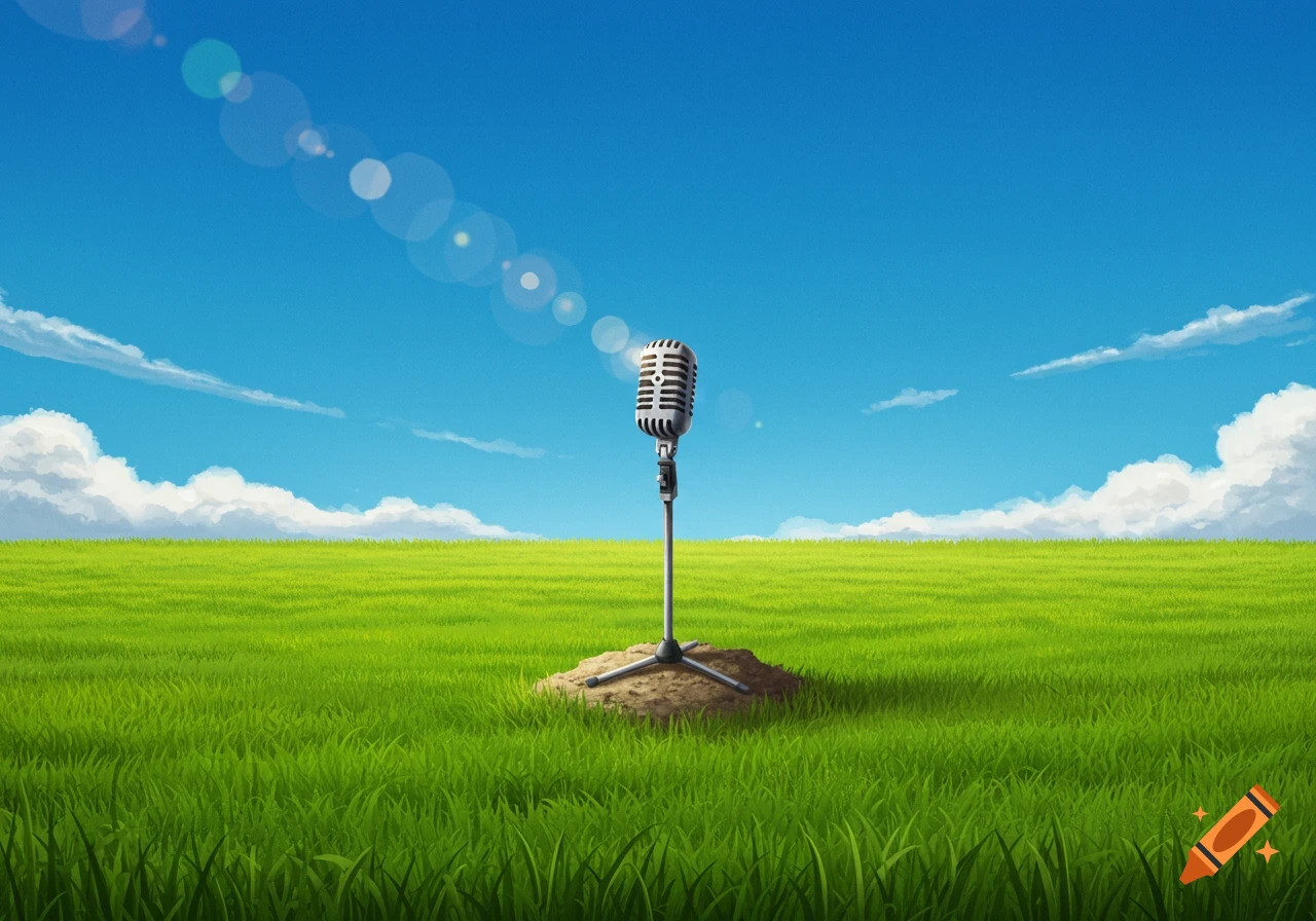 A retro-style microphone stands on a small dirt mound in a vast green field under a clear blue sky with fluffy white clouds and sun flare.