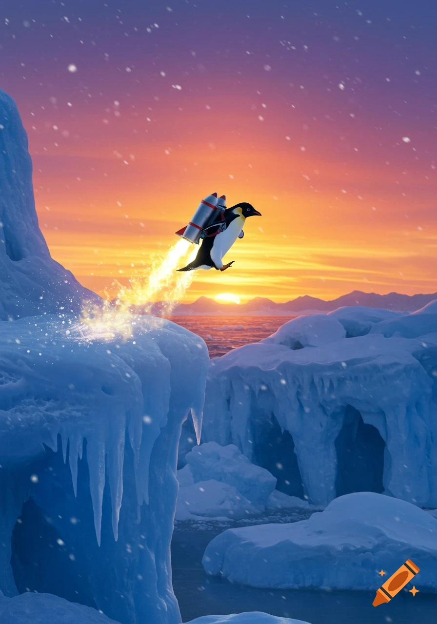A penguin with a red jetpack takes off from an icy cliff over an ocean at sunset, with snow falling.