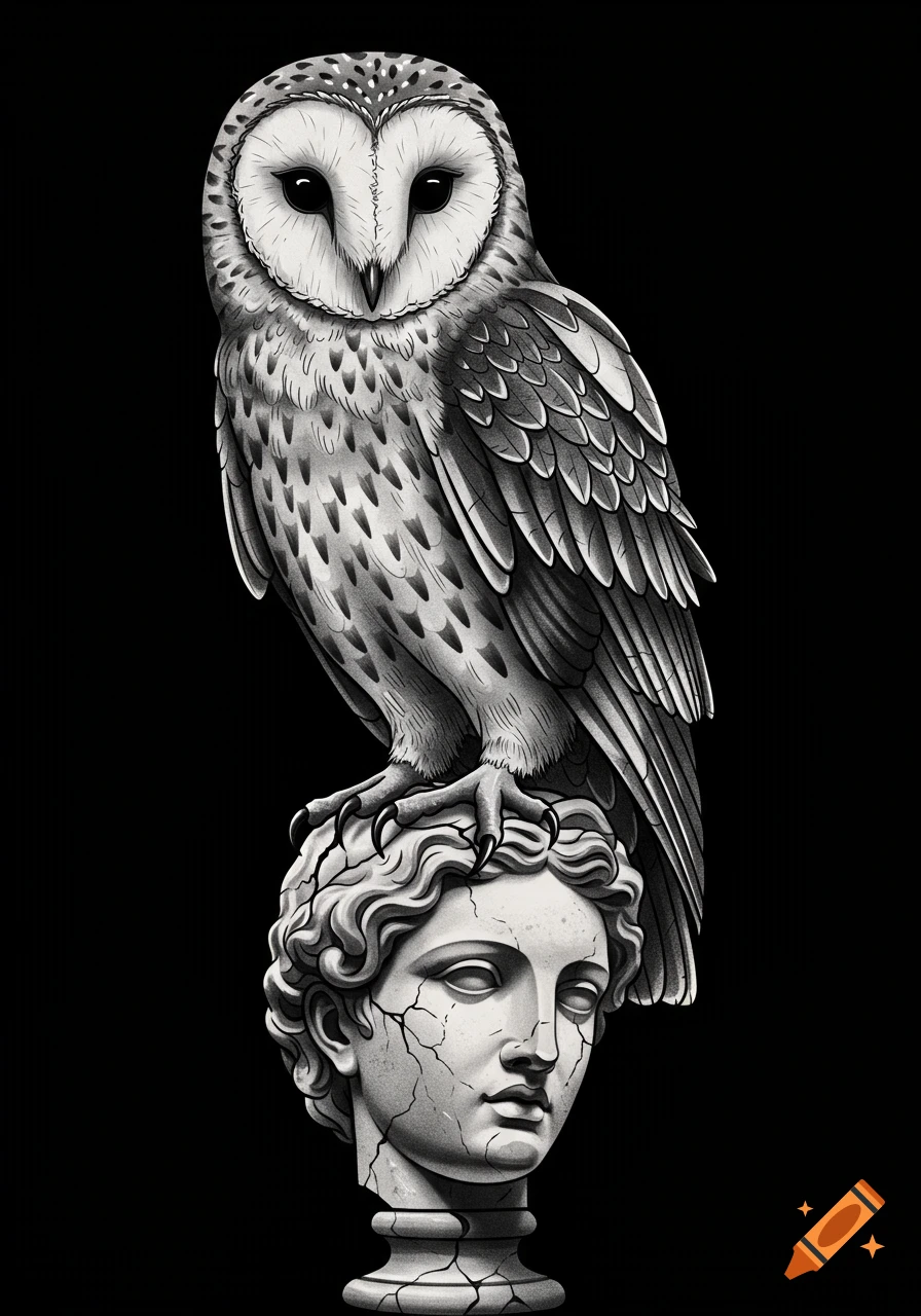 Black and white gothic illustration of a barn owl perched on a cracked marble statue bust.