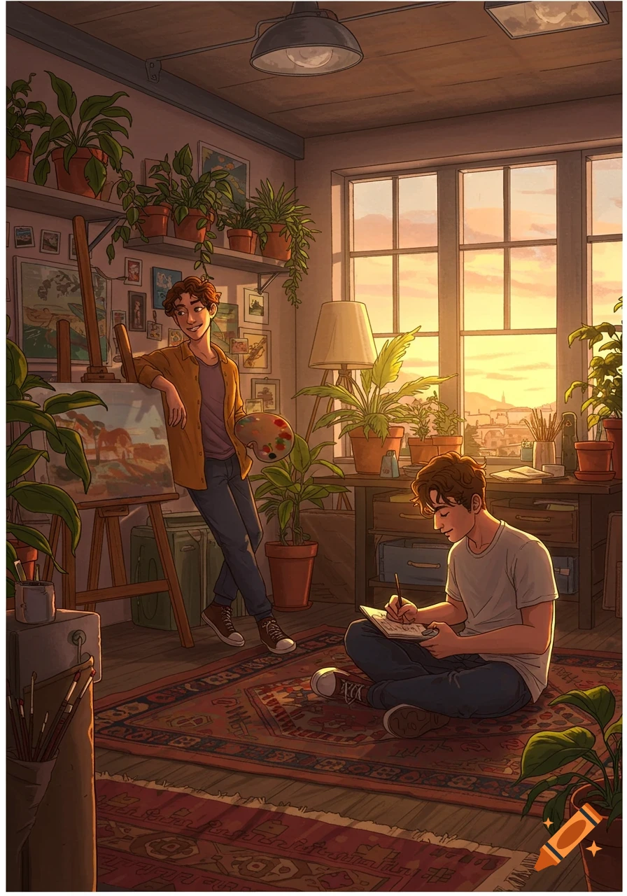 An illustrated scene of two young men in a warm, plant-filled art studio during sunset, one holding a palette, the other sketching.