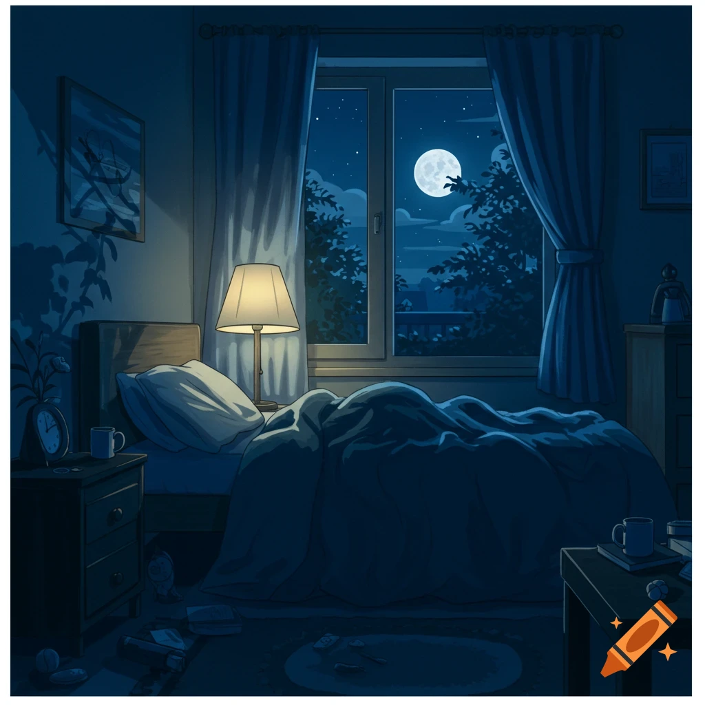 An illustration of a cozy bedroom at night, with a lamp on a bedside table, a made bed, and a full moon visible through the window.
