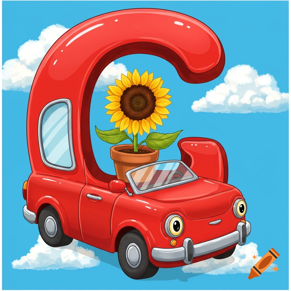 Cartoon illustration of a shiny red letter G shaped like a car, with a potted sunflower in the back, against a blue sky with clouds.