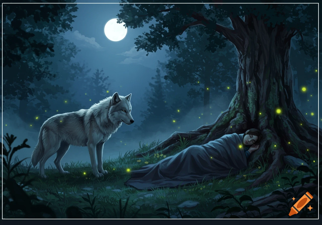 Digital painting of a white wolf watching a person sleeping under a tree in a moonlit forest with fireflies.