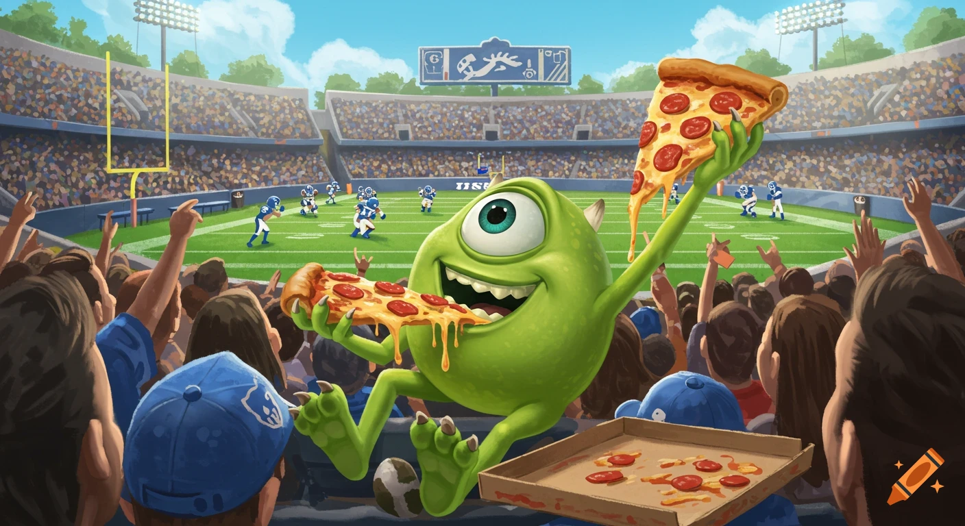 Mike Wazowski happily eats a slice of pepperoni pizza while holding another, sitting in the stands of a football stadium.
