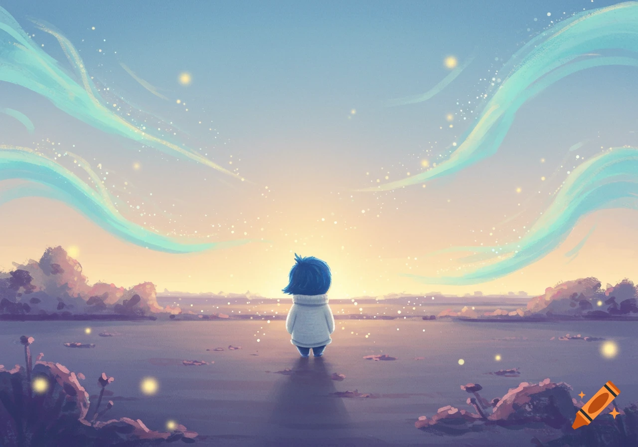 Animated character Joy from Inside Out looks at a vibrant sunset over a reflective landscape with glowing elements.