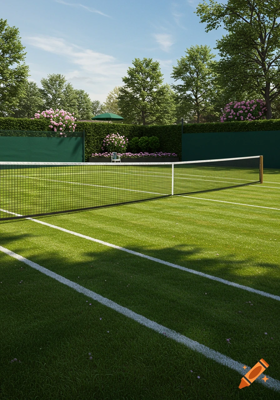 A photorealistic sunny green grass tennis court with white lines, a net, and lush green trees and hedges in the background.