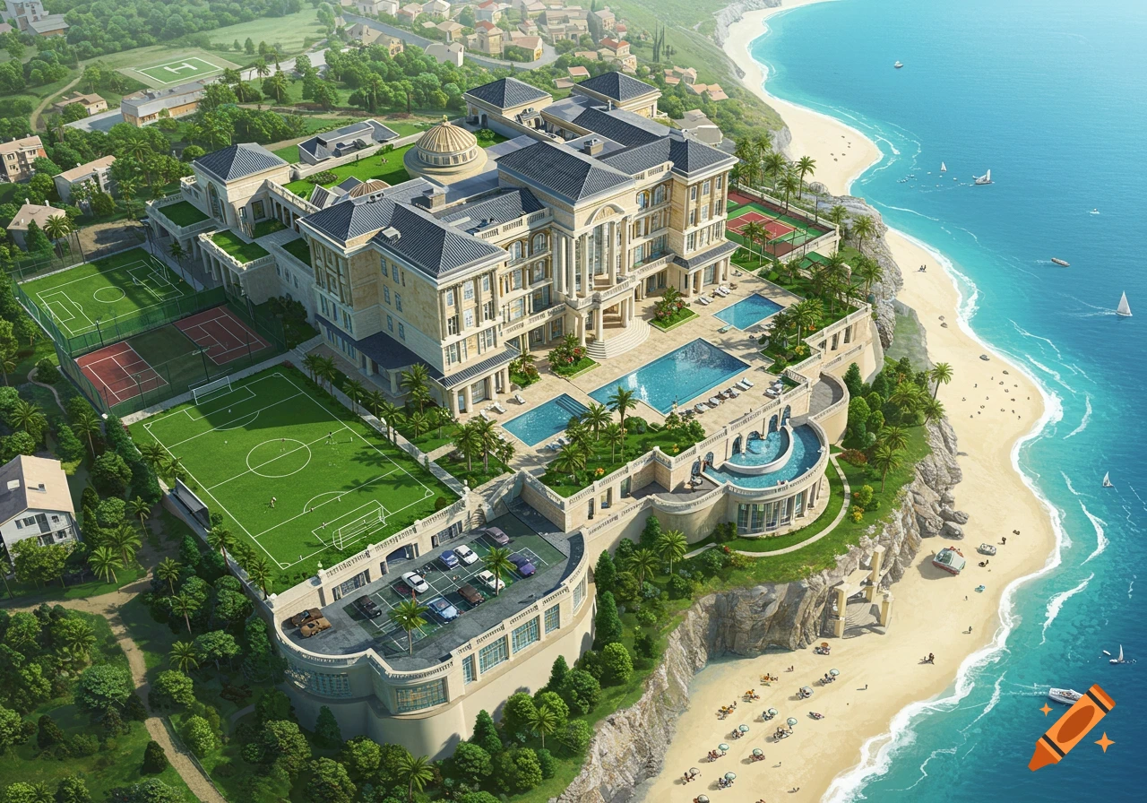 Aerial view of a sprawling luxury palace with pools, sports courts, and a helipad, situated on a cliff overlooking a white sand beach and turquoise ocean.