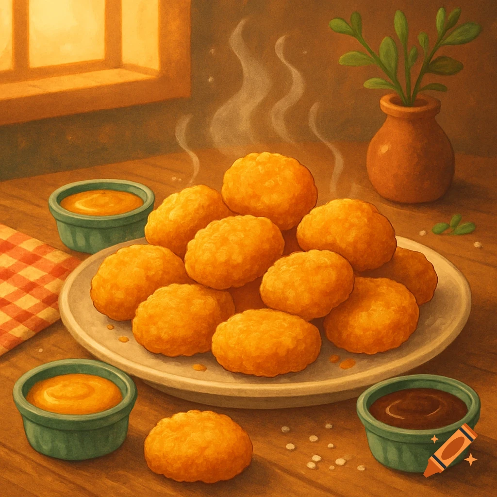 A plate of steaming golden chicken nuggets with various dipping sauces on a wooden table, in an illustration style.