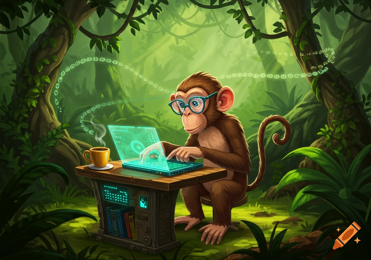 A cartoon monkey in blue glasses sits at a wooden desk in a lush jungle, typing on a glowing holographic laptop. A coffee mug is next to it.