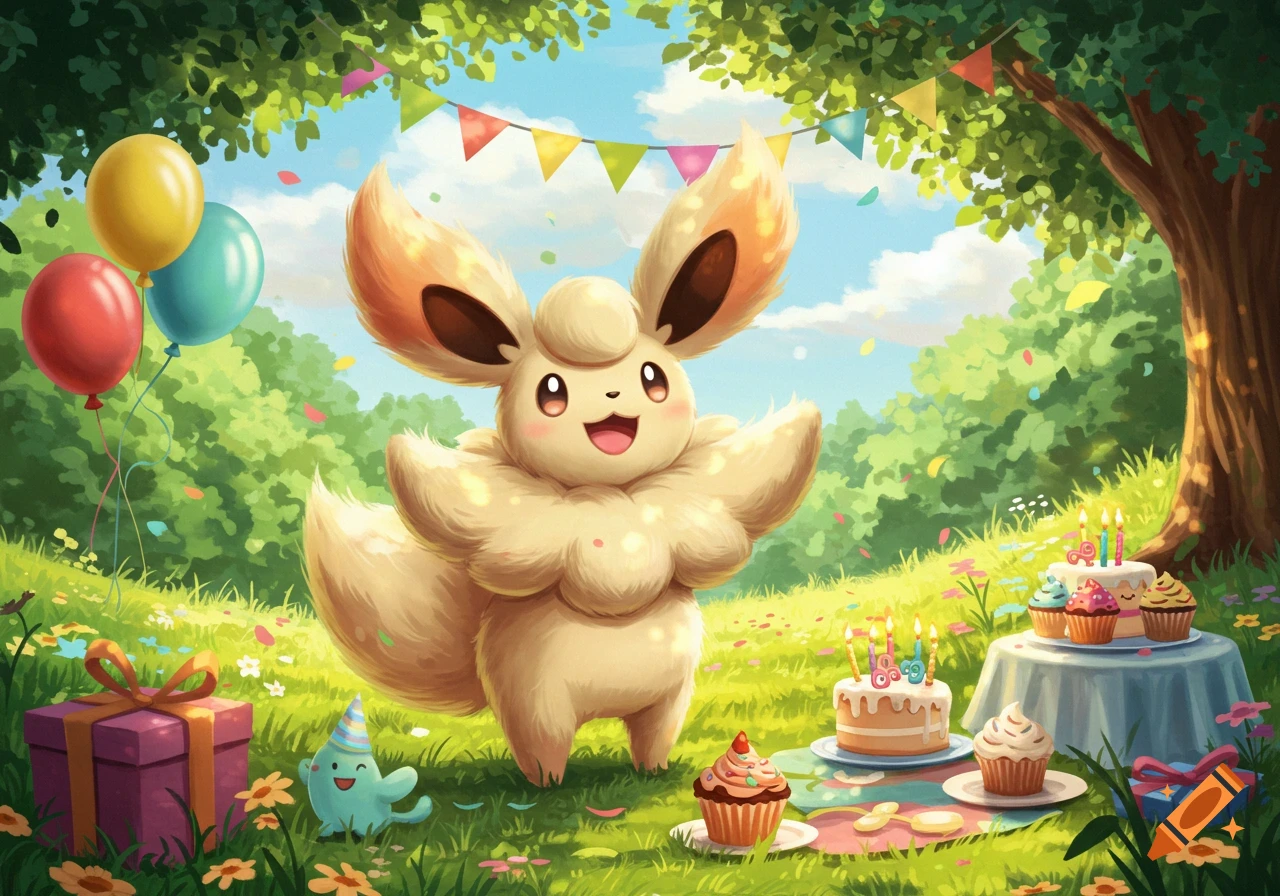A cute, fluffy, fox-like Pokémon character in a sunny forest clearing with balloons, birthday cakes, presents, and confetti.