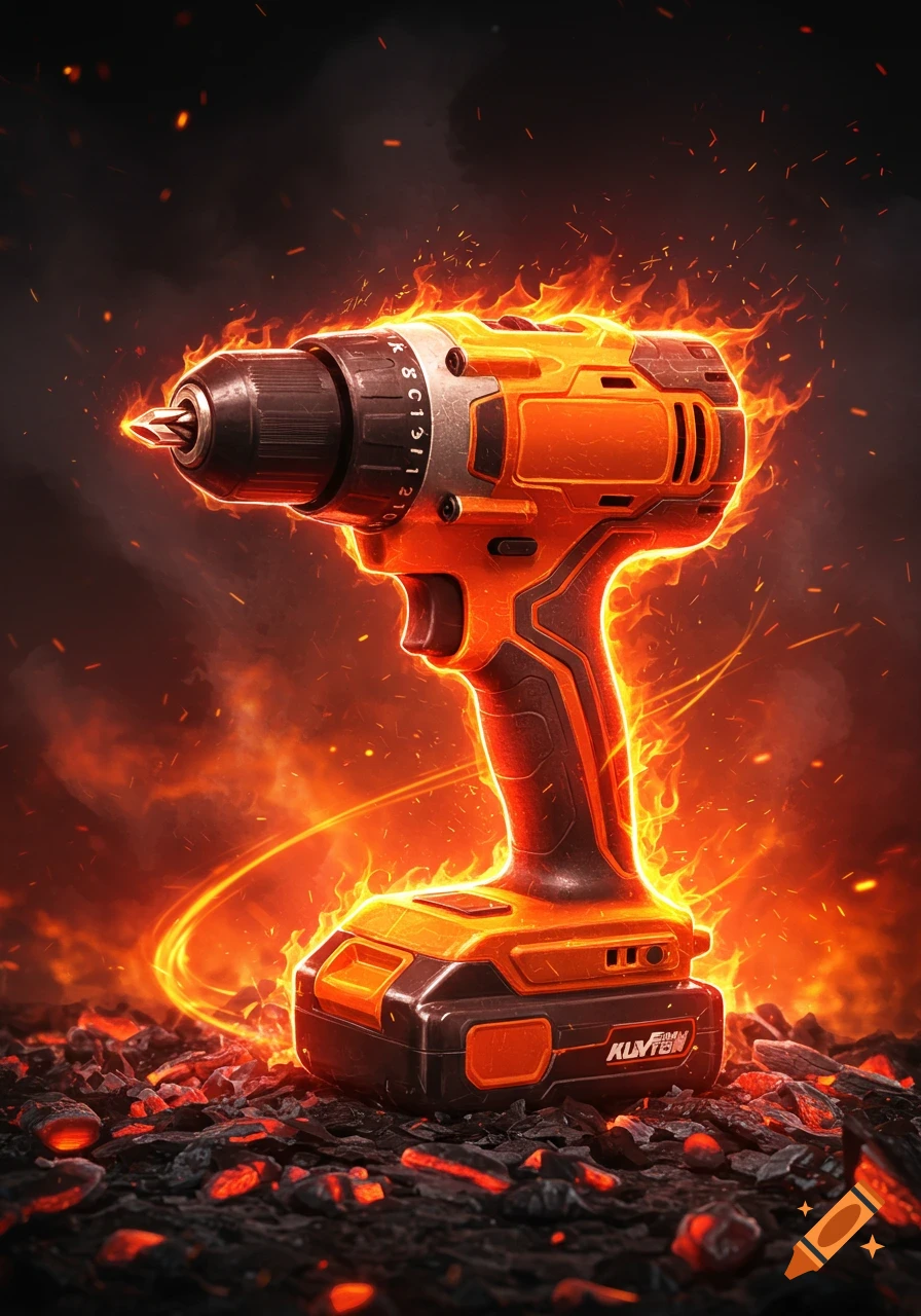 A cordless drill is engulfed in bright orange flames, standing on glowing embers against a dark, smoky background in a digital art style.