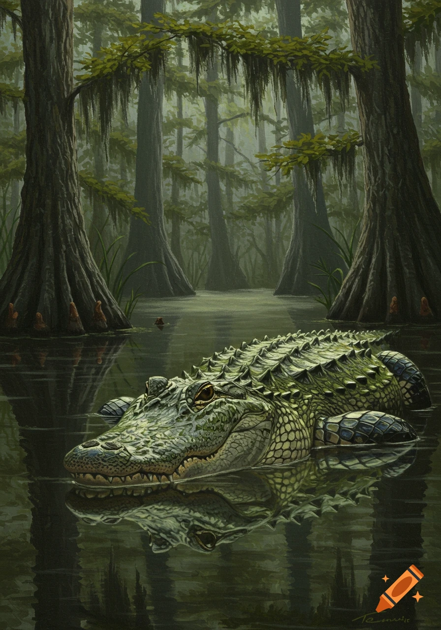 A detailed painting of an alligator in a dark swamp, with cypress trees and Spanish moss reflecting in the murky water.