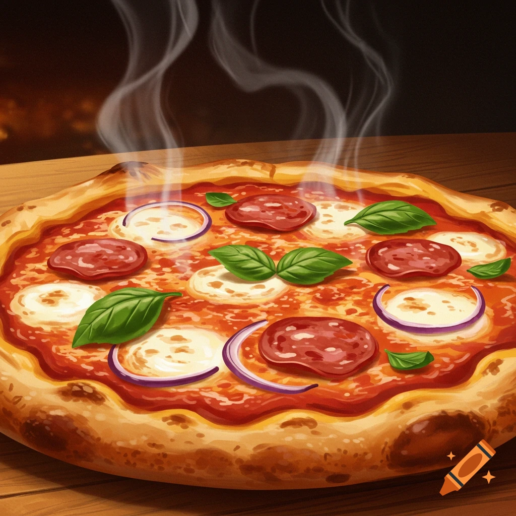 A steaming hot pizza with pepperoni, mozzarella, red onions, and basil on a wooden table, with a blurry background.