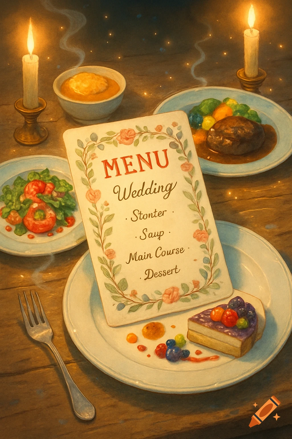 A candlelit wedding dinner table with a menu, steak, salad, soup, and dessert in Studio Ghibli style.
