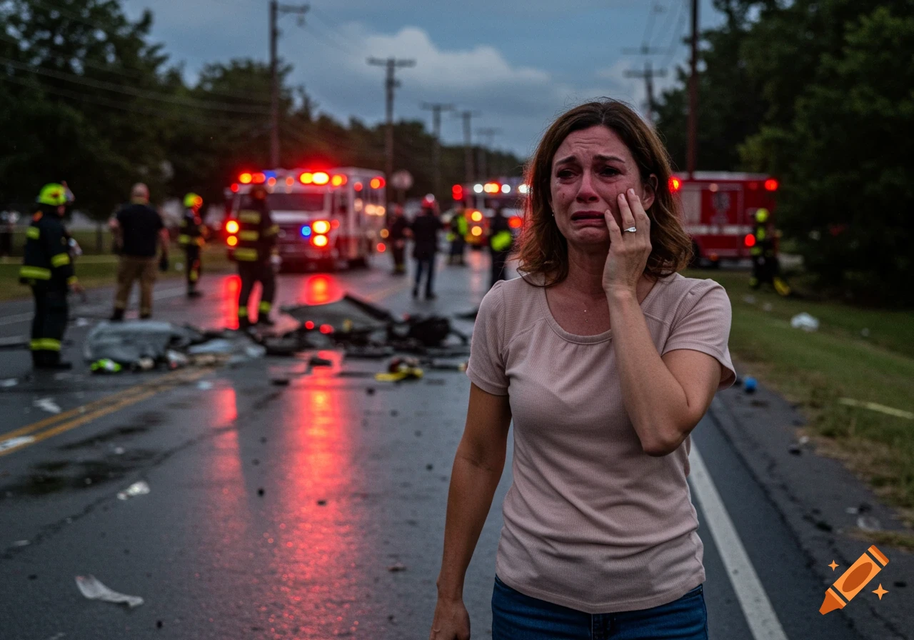 A distraught woman cries at the scene of a car accident, with emergency vehicles and responders blurred in the background.