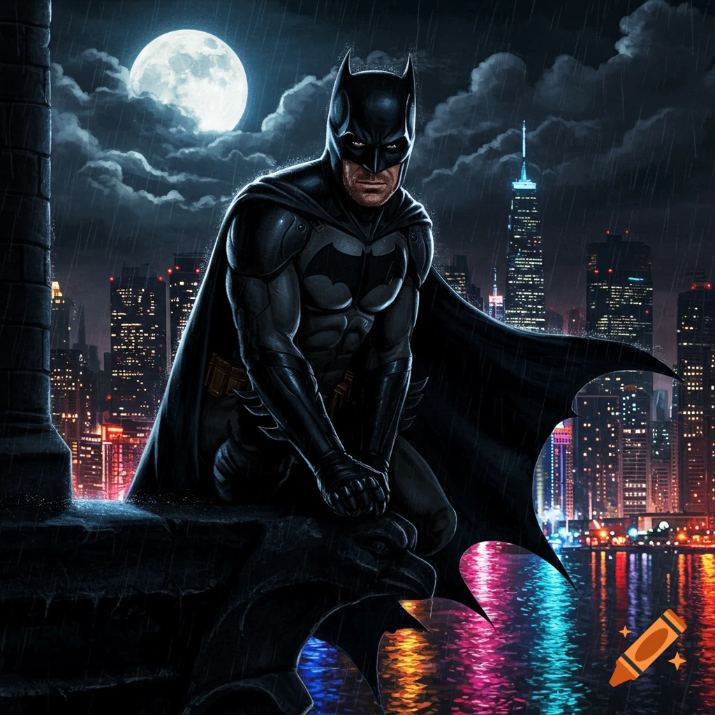 Batman kneels on a gargoyle overlooking a rainy, neon-lit city at night under a full moon, in a comic art style.