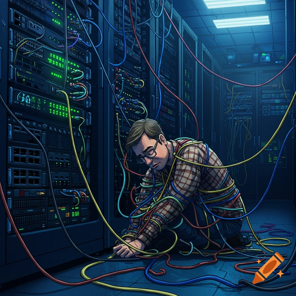 A frustrated sysadmin in a plaid shirt and glasses kneels in a server room, tangled in a messy web of colorful network cables.