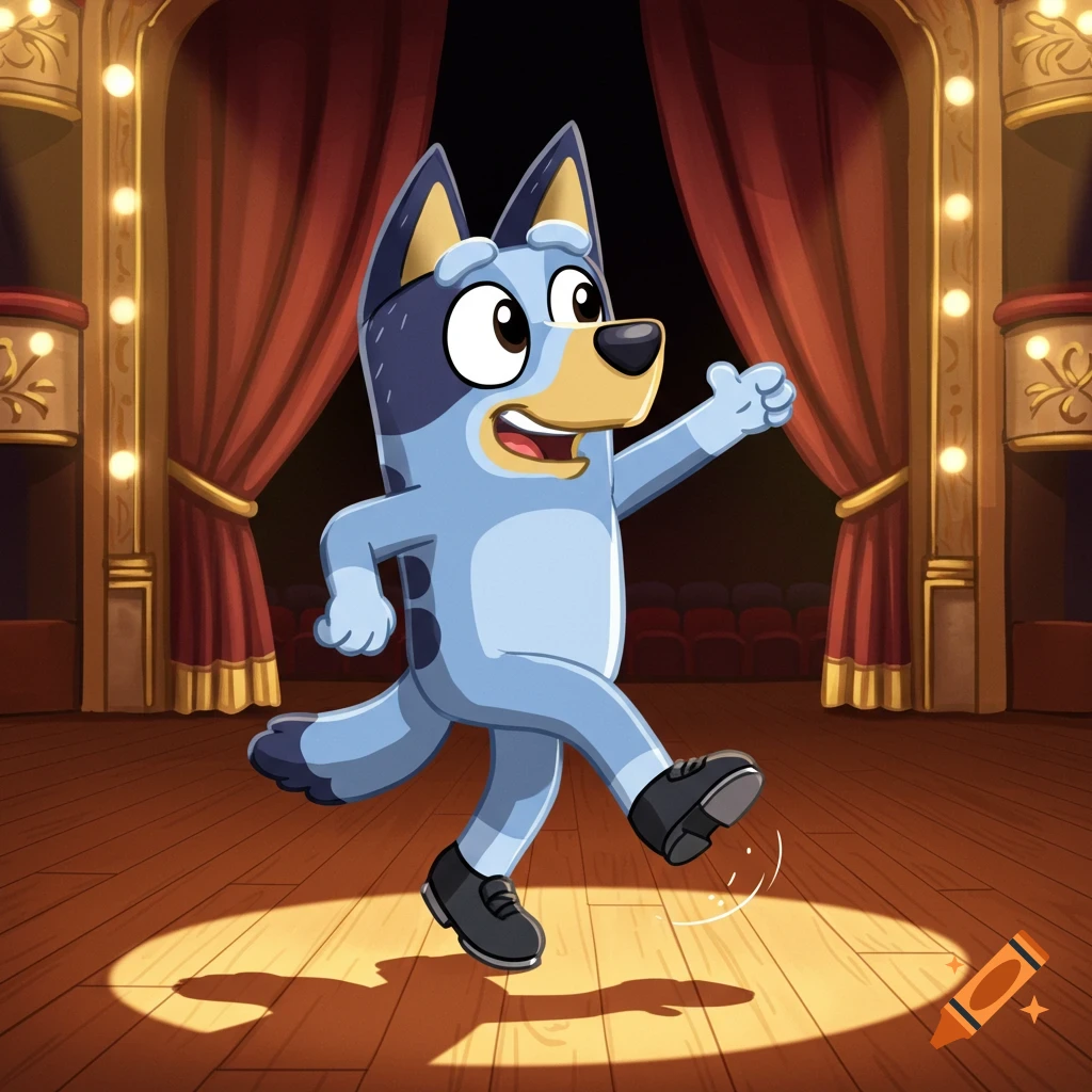 Bluey Heeler cartoon character tap dancing in a purple rabbit costume ...