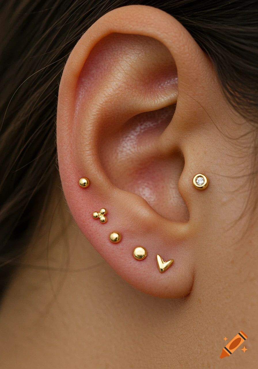 Close-up of an ear featuring multiple tiny gold earrings, including studs and a V-shaped design on the lobe, and one stud in the tragus.