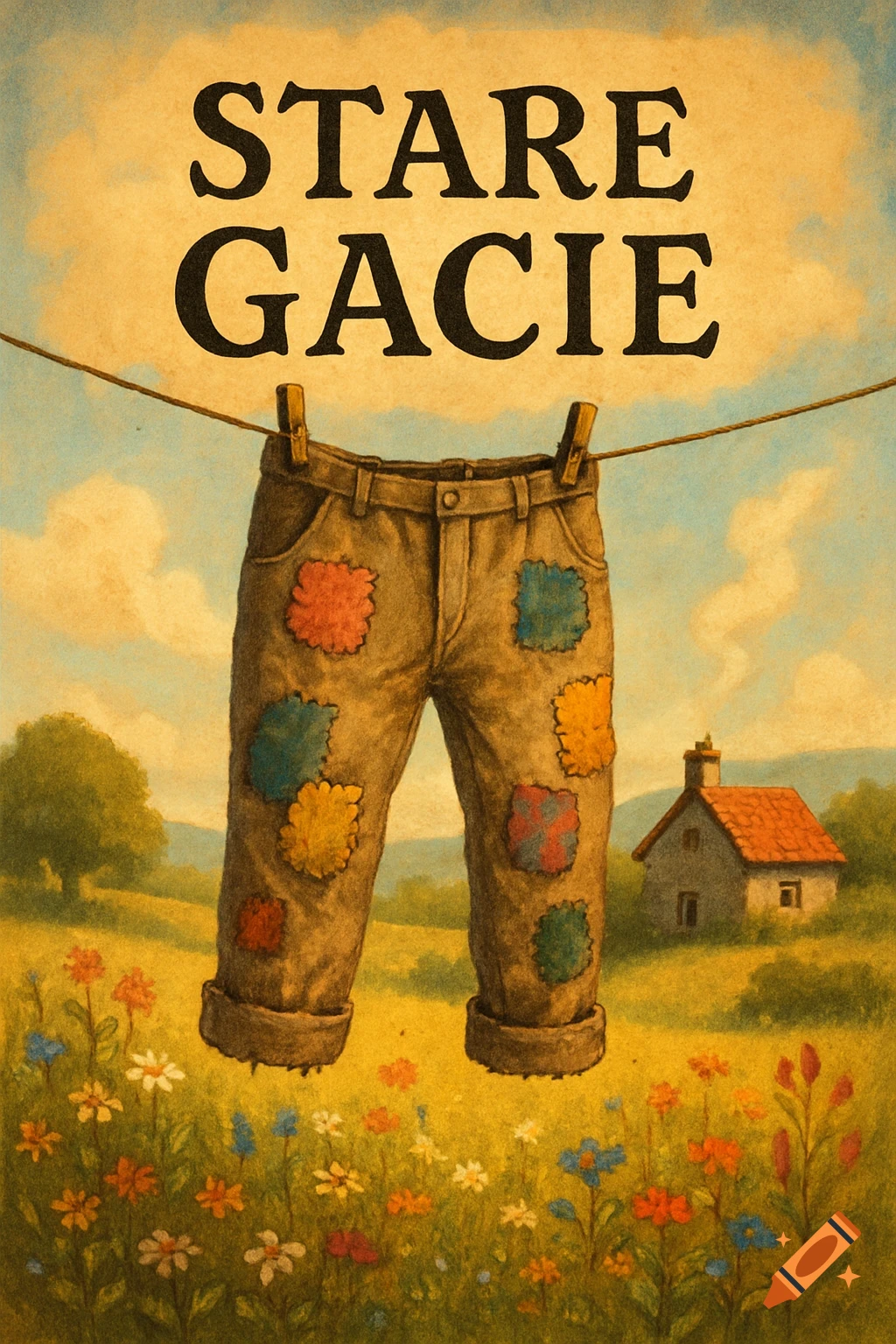 An old, patched pair of brown pants hangs on a clothesline over a field of wildflowers with a house in the background, in a rustic illustration style.