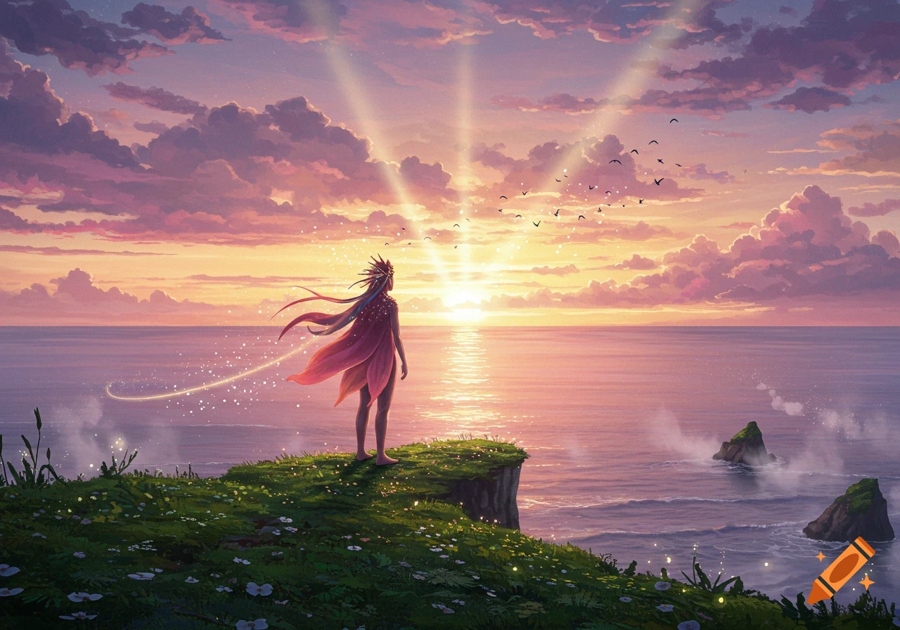 Silhouetted figure on a grassy cliff overlooks a vibrant pink and orange sunset over the ocean, with birds and sparkling light.