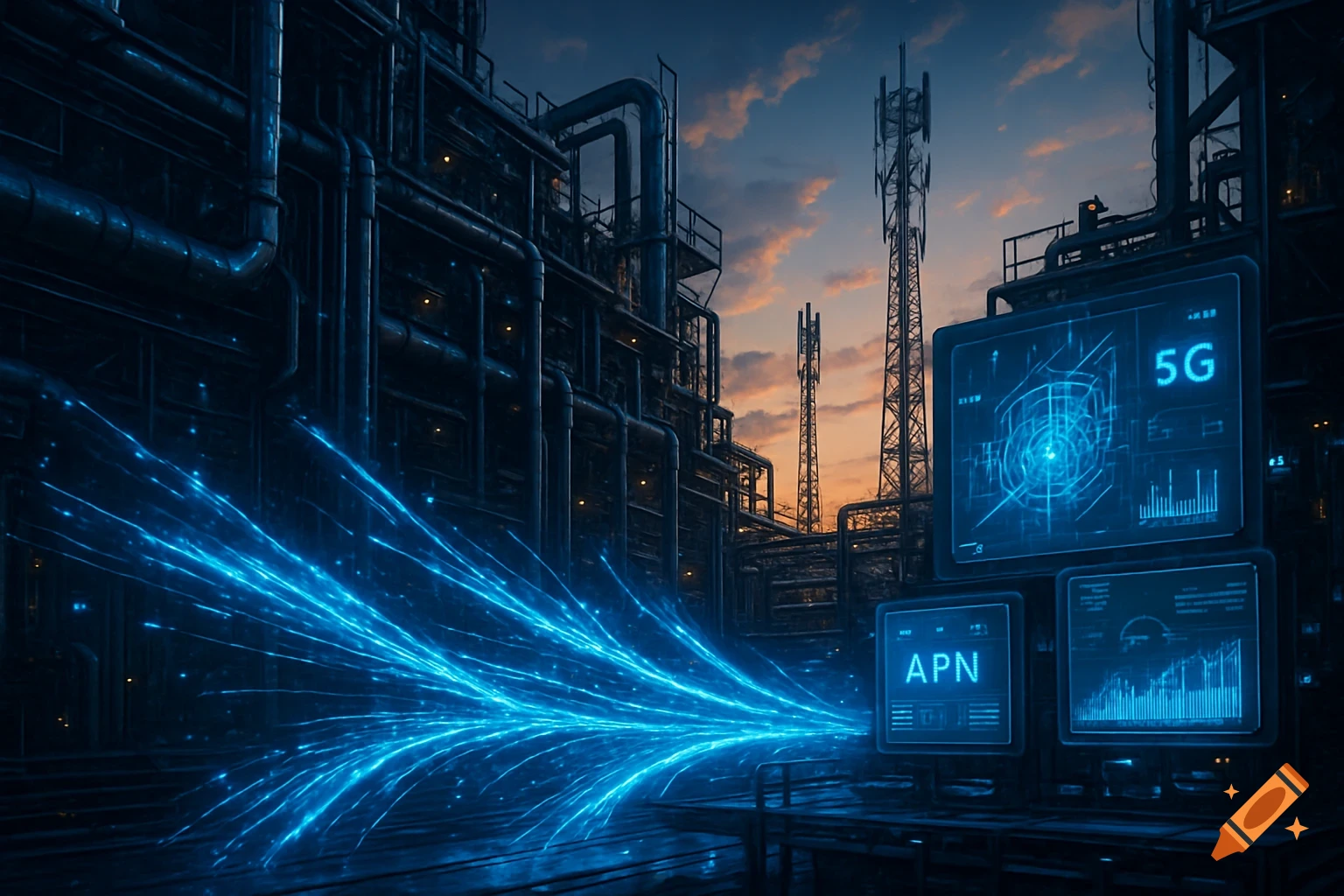 An industrial facility with communication towers and glowing blue data lines connecting to digital screens showing '5G' and 'APN' at dusk.