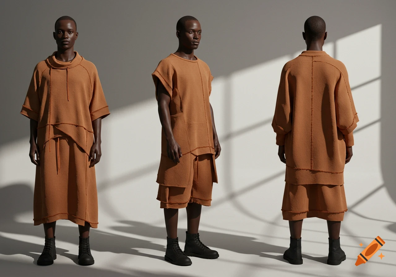 Three photorealistic views of a male model wearing a brown, layered, textured, loose-fitting outfit and black boots.