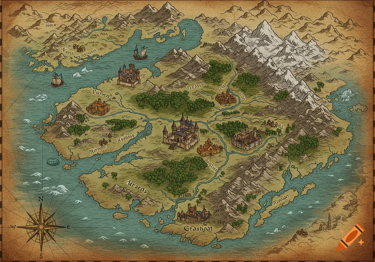 Detailed fantasy map showing landmasses, oceans, mountains, forests, rivers, castles, ships, and a compass rose.