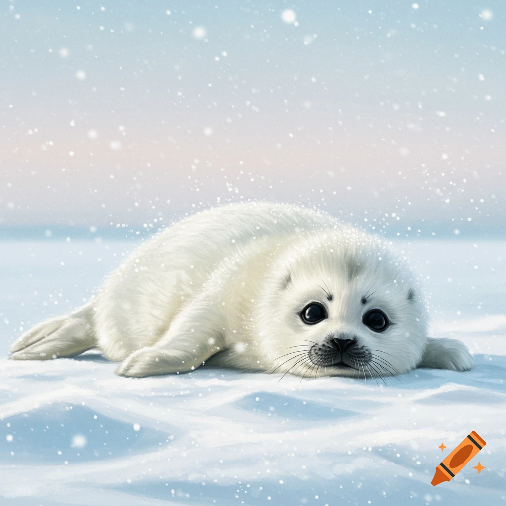 A fluffy white baby harp seal with big dark eyes lies on snowy ground with snowflakes falling.