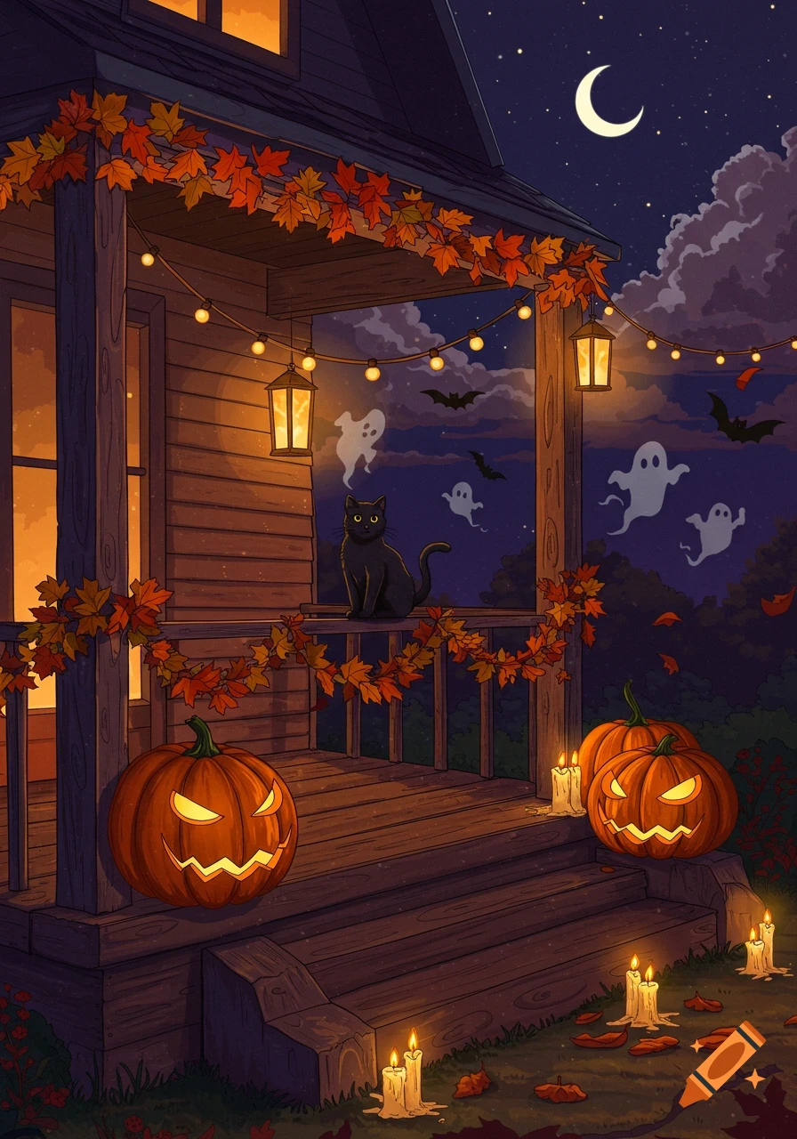 An illustrated Halloween night scene on a porch with a black cat, glowing jack-o'-lanterns, autumn leaves, string lights, ghosts, and bats.