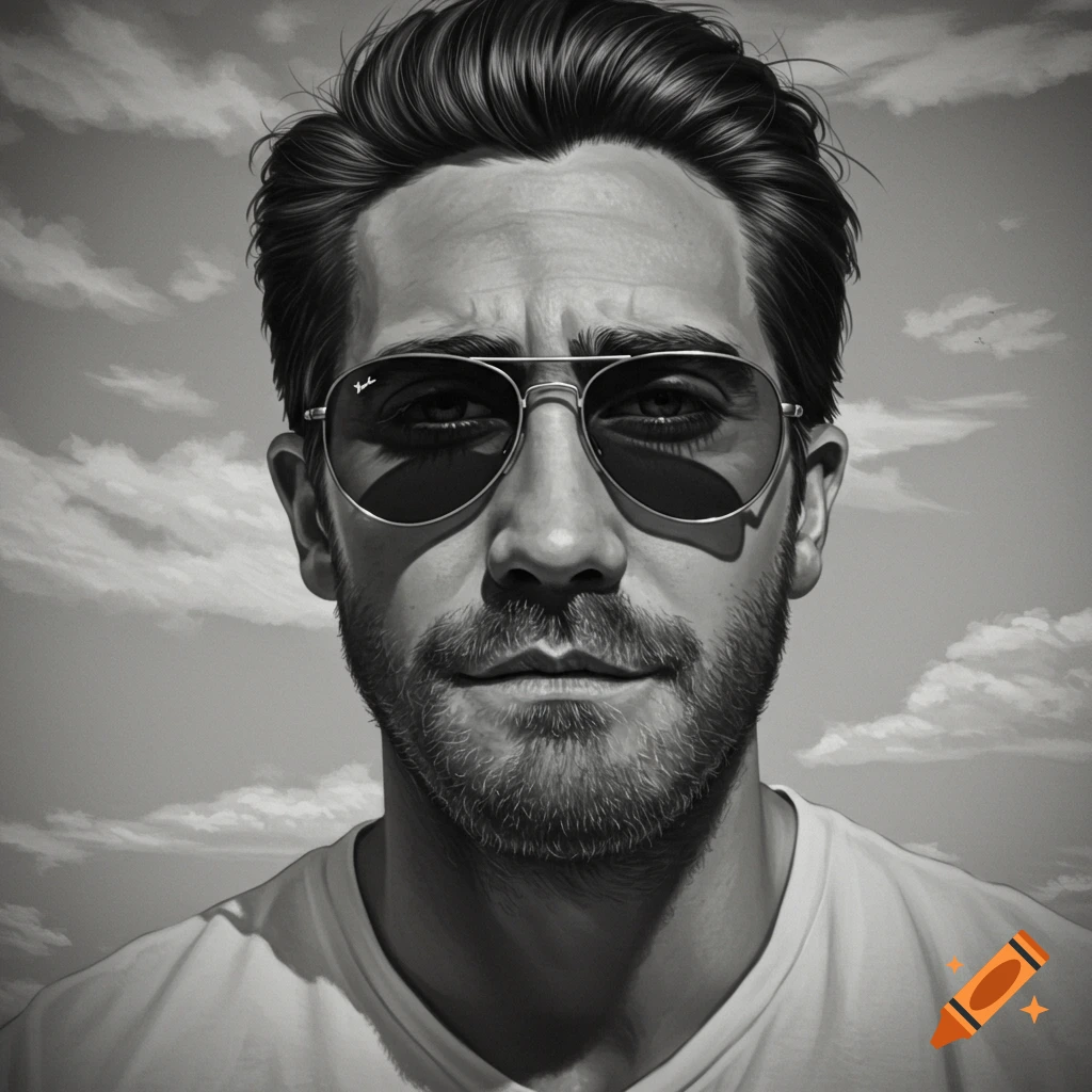 Black and white photorealistic portrait of a man resembling Jake Gyllenhaal, wearing aviator sunglasses and a beard, under a cloudy sky.