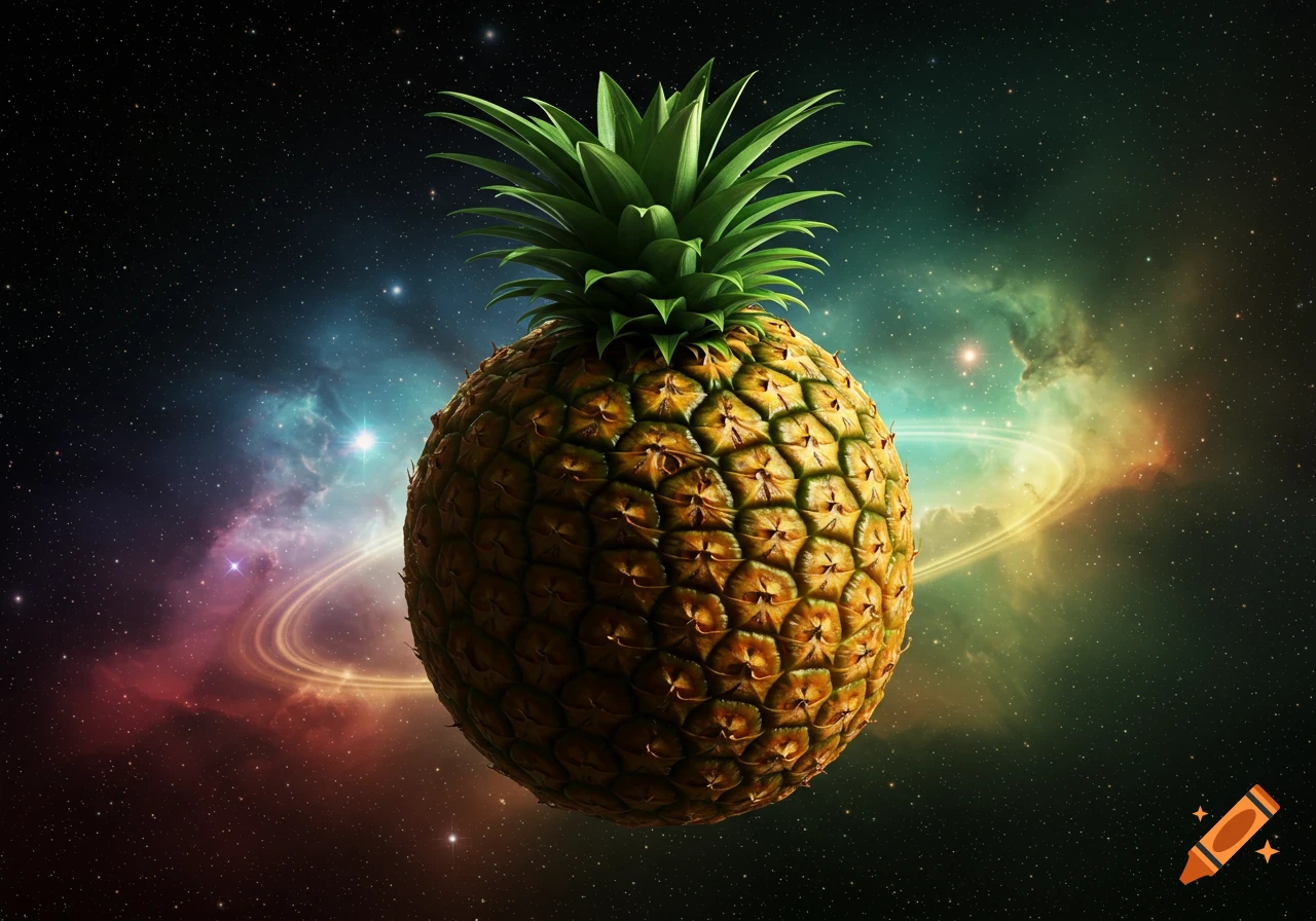 A realistic pineapple shaped like a planet floats in vibrant outer space with colorful nebulae and rings.