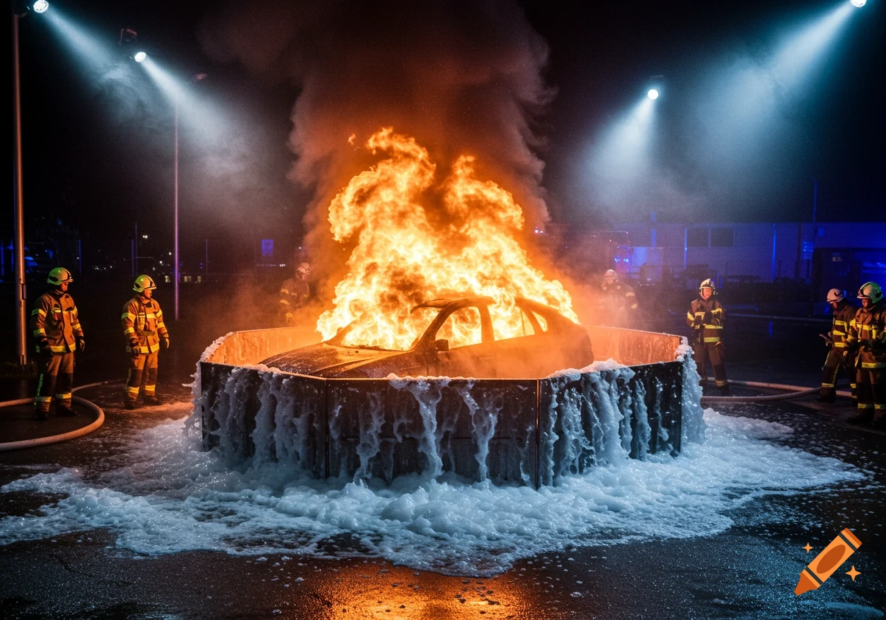 Photorealistic scene of firefighters using foam to extinguish a car ablaze in a container at night.