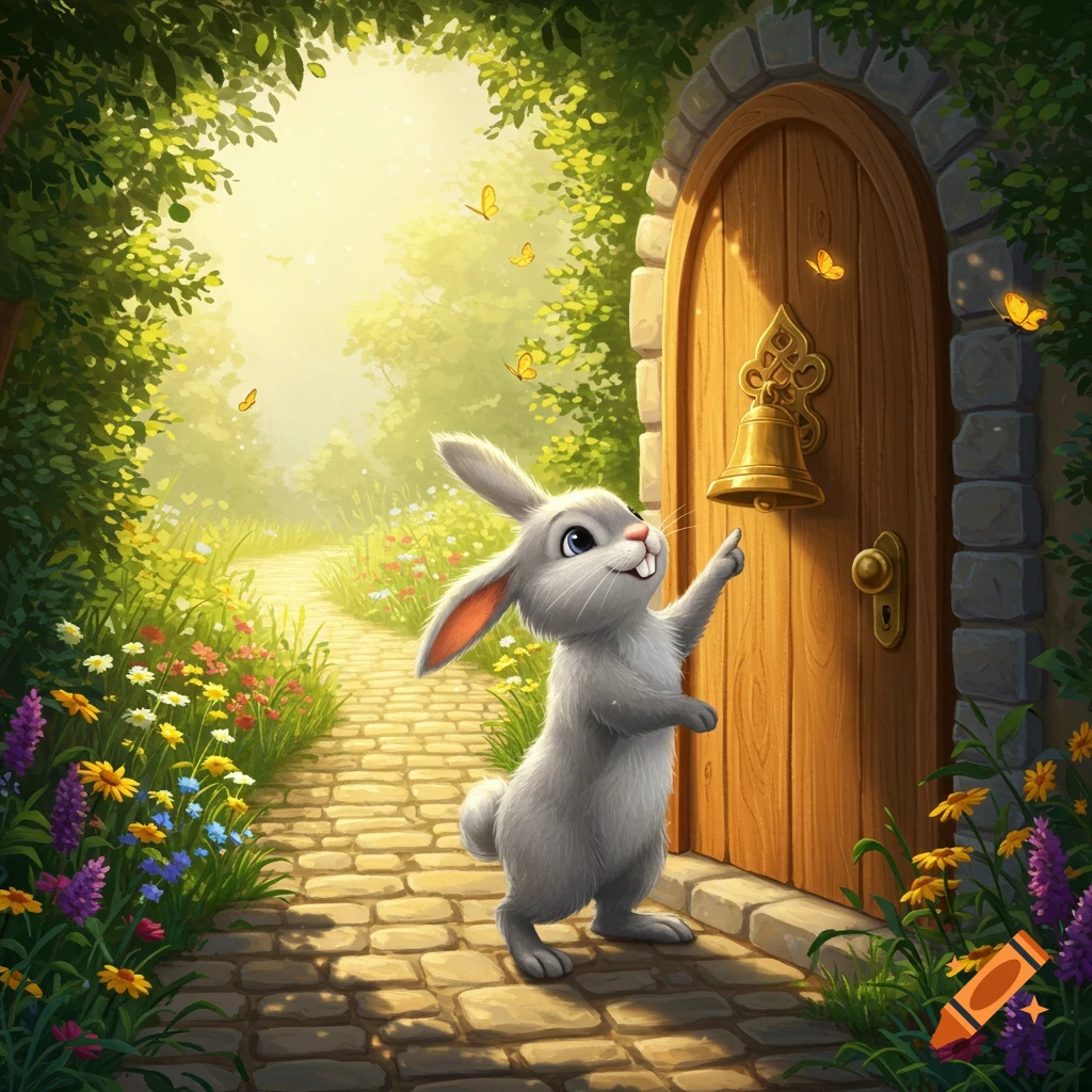 A cute cartoon rabbit with big teeth rings a bell on a rustic wooden door on a cobblestone path surrounded by a vibrant, sunny forest.