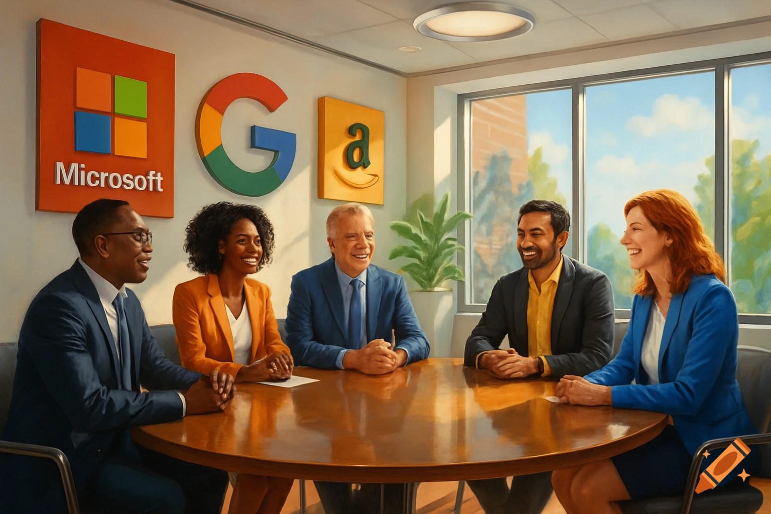 Five diverse professionals smile around a round table in a bright office. Microsoft, Google, and Amazon logos adorn the wall behind them.