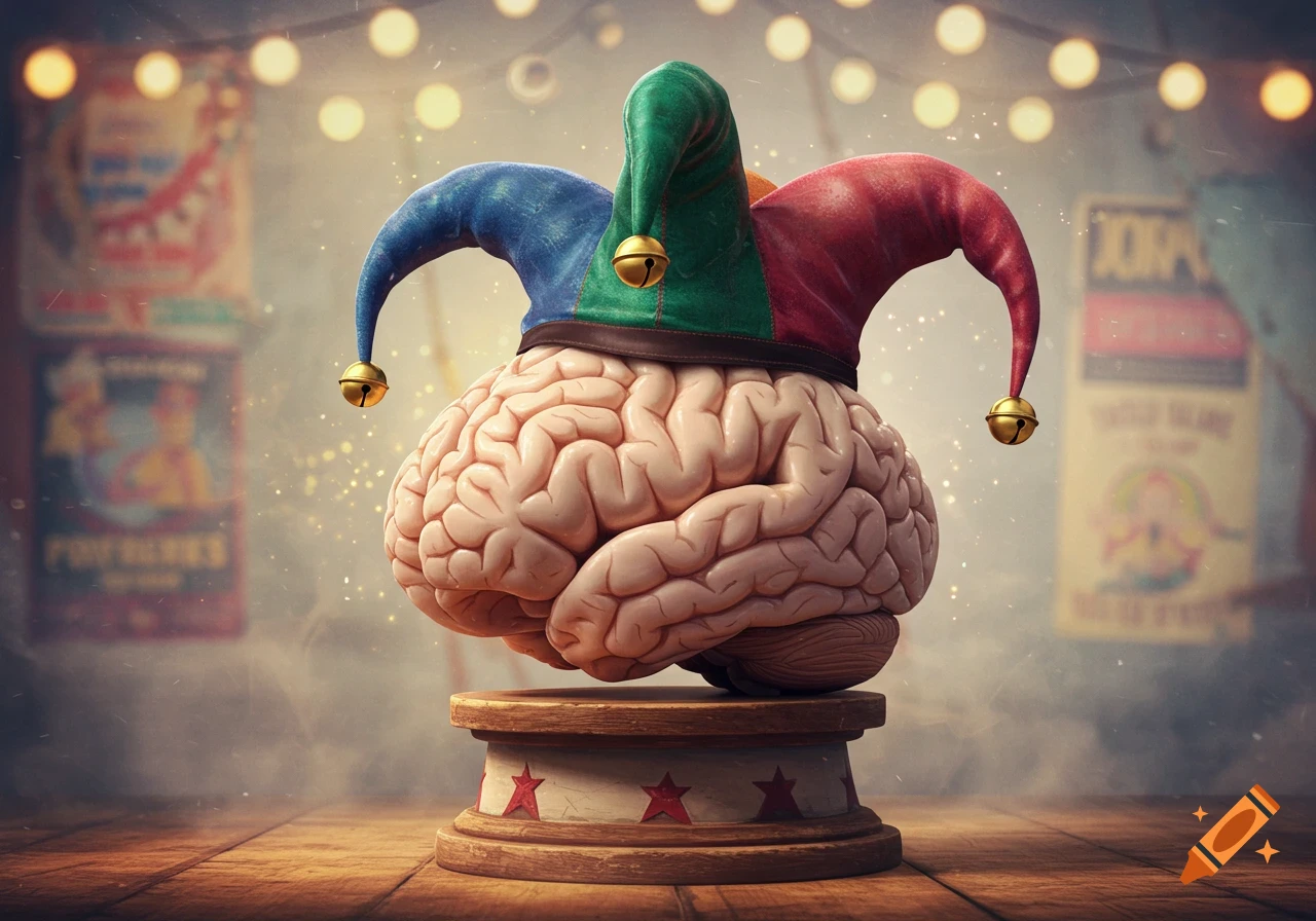 A detailed, realistic brain wearing a colorful jester hat, standing on a star-decorated pedestal in a circus tent under string lights.