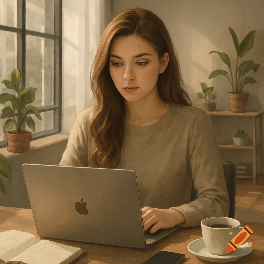 Young woman with long brown hair working on a silver laptop at a desk, with a coffee cup and plants, in a warm, painterly style.