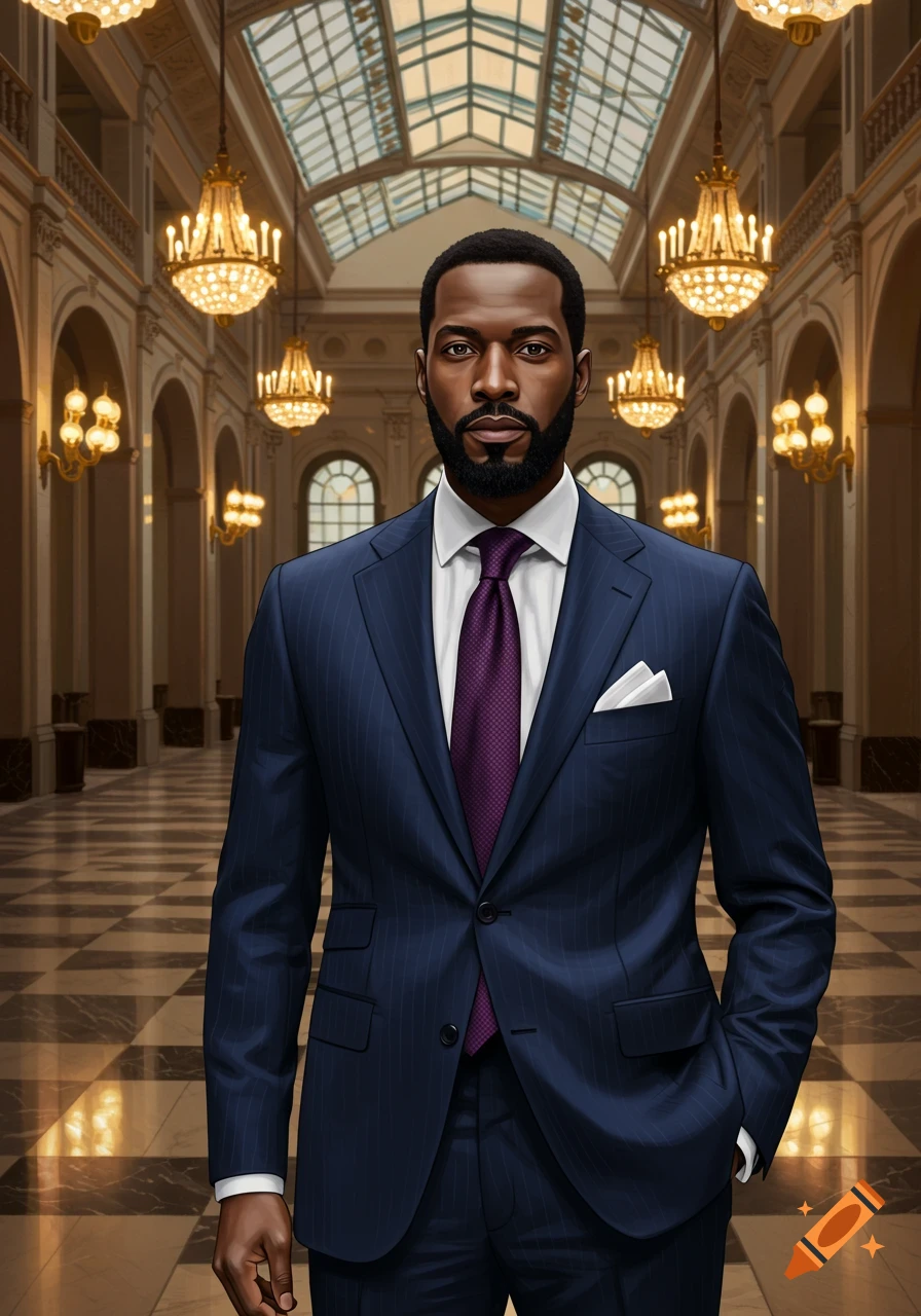 A photorealistic portrait of a man in a navy pinstripe suit and purple tie, standing in a grand hall with chandeliers and a checkered floor.