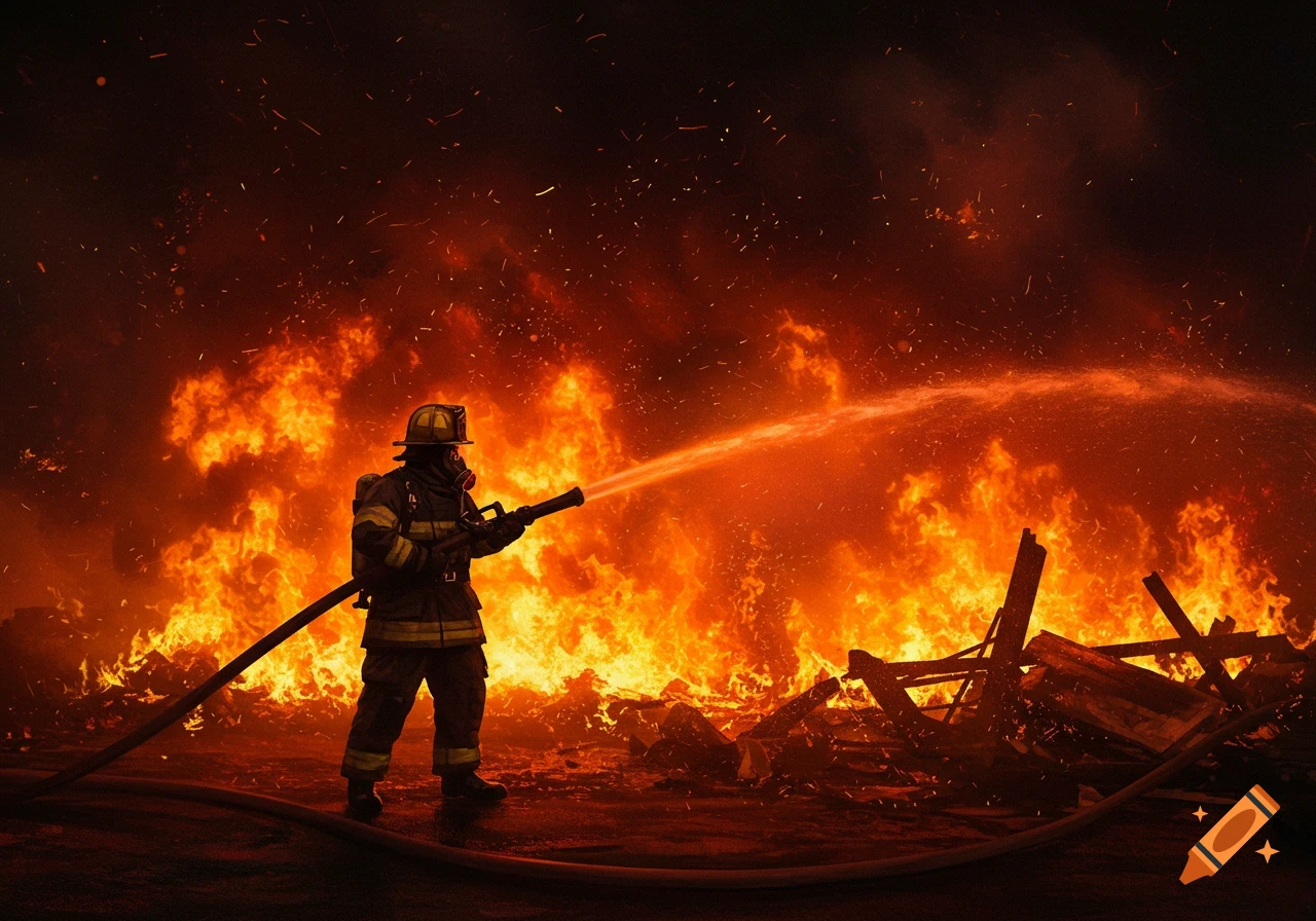 A firefighter in full gear aims a hose at a massive, blazing fire with sparks and smoke filling the air. The scene is dramatic with intense orange flames.