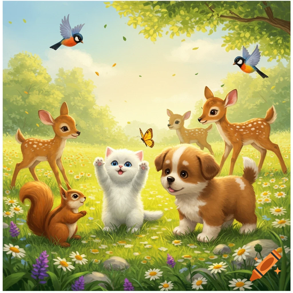 Cartoon of a kitten, puppy, squirrel, and fawns playing in a sunny meadow with flowers, birds, and a butterfly.