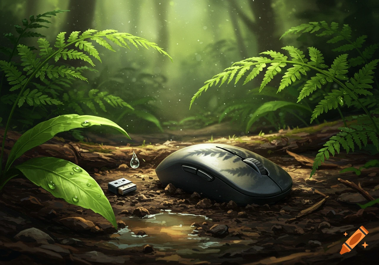 A wireless computer mouse and a small USB receiver on a moist forest floor, surrounded by green ferns in a painted art style.