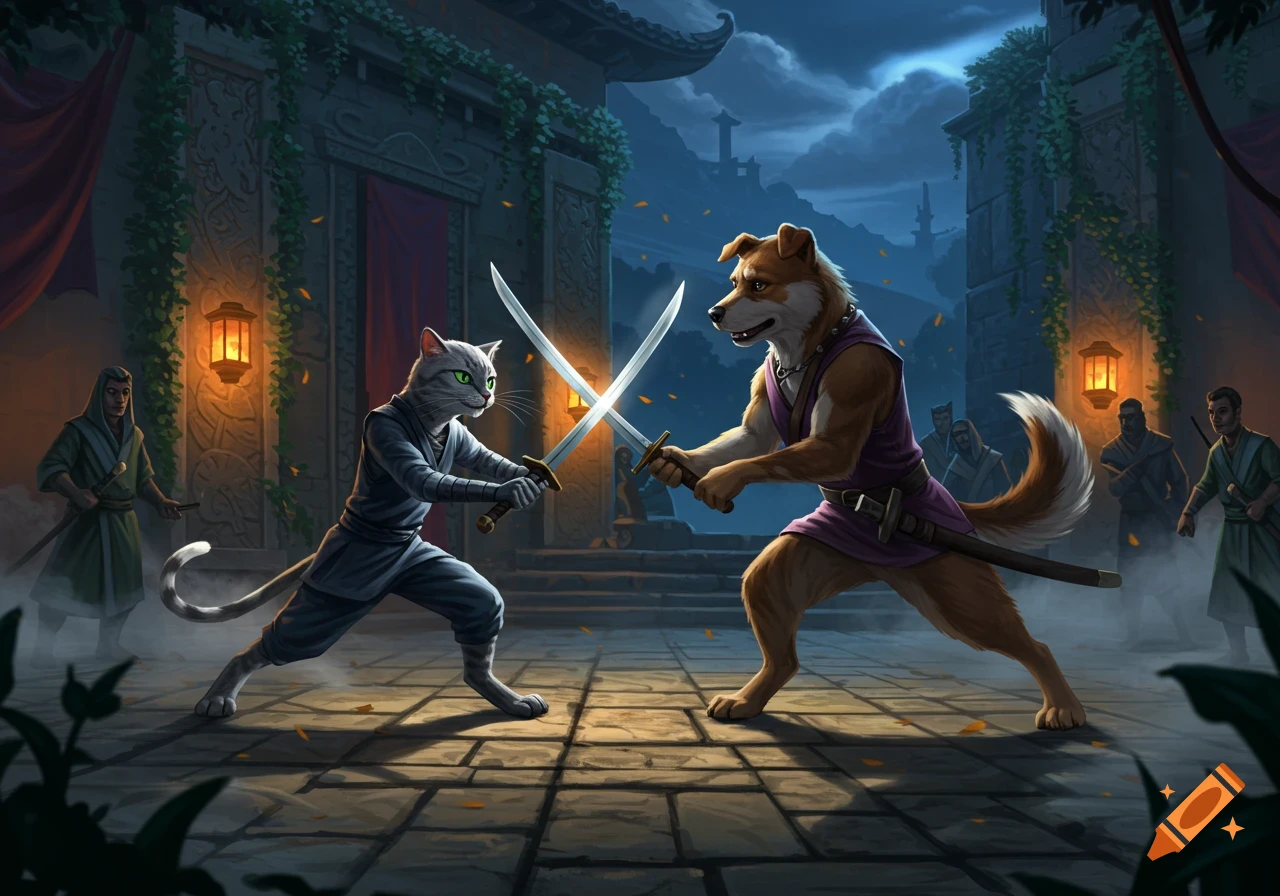 Anthropomorphic cat and dog warriors sword fighting in an ancient Asian courtyard at night, detailed digital painting.