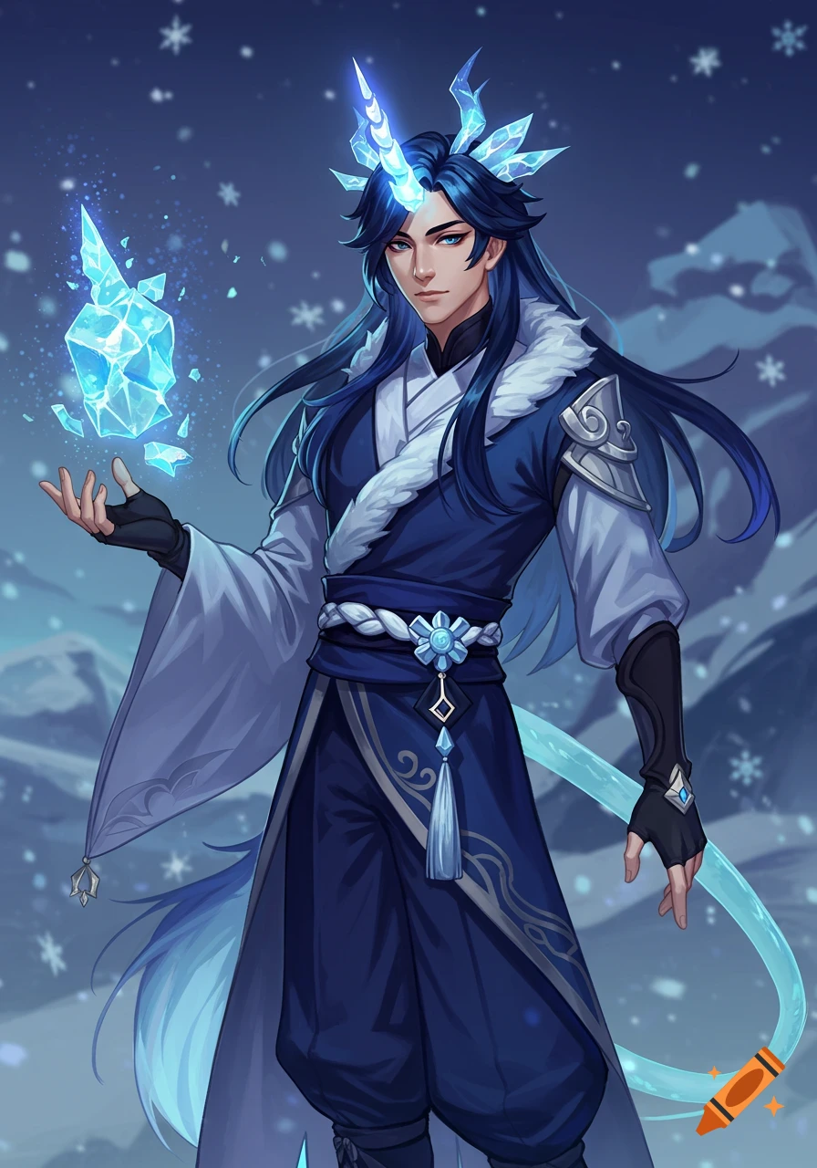 An anime-style male character with blue hair, a unicorn horn, and tail, dressed in blue and white, summoning ice in a snowy landscape.