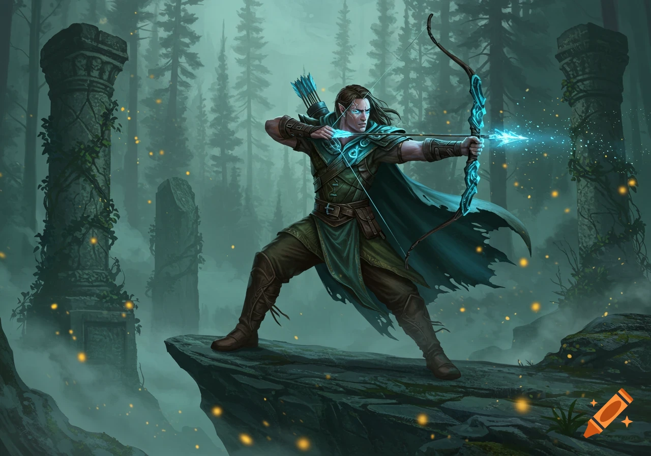 Male arcane archer drawing a glowing bow and arrow in a misty, dark fantasy forest with ancient ruins.